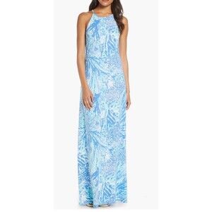 Lilly Pulitzer Women’s XL Margot Pima Cotton Blue Floral Print Jersey Maxi Dress